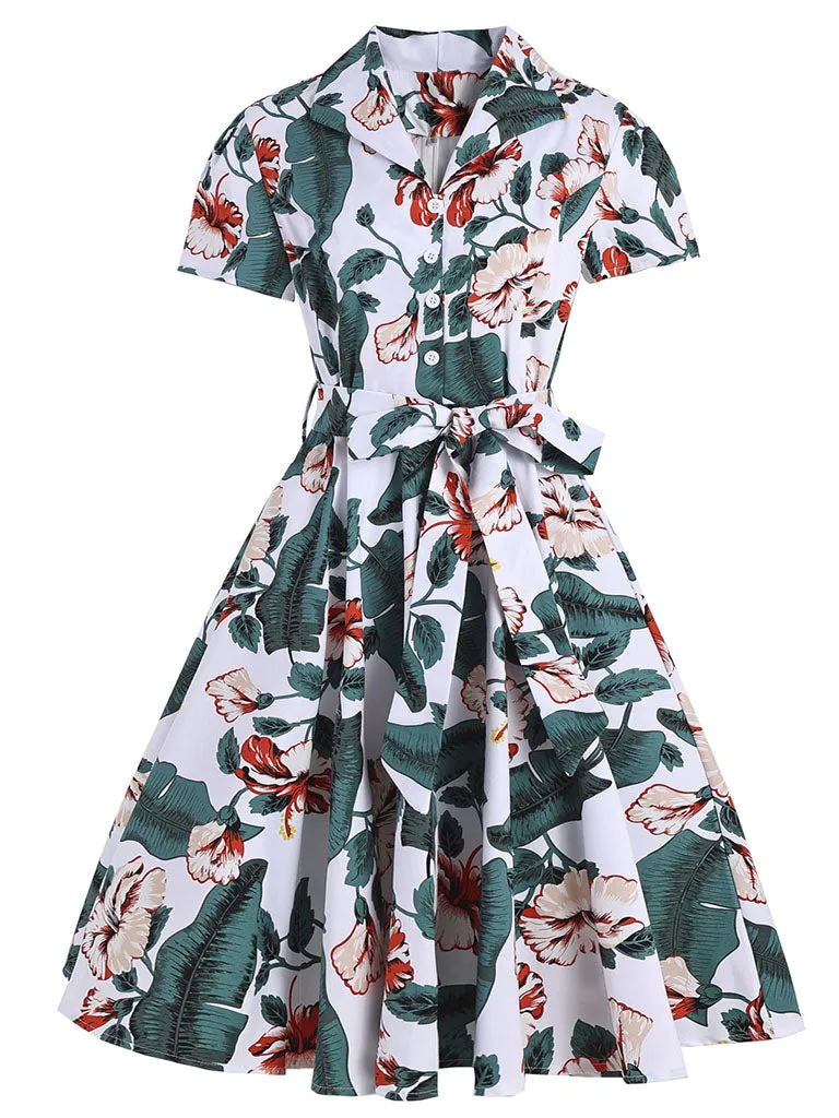 1960S Floral Print Swing Vintage Dress With Belt