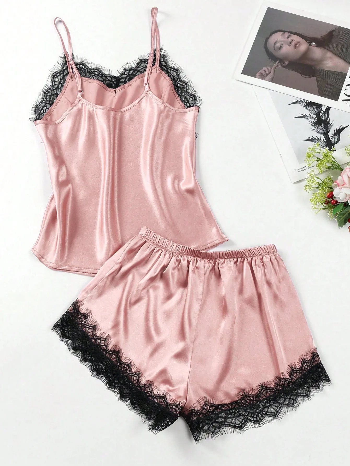 2pcs/Set Satin & Lace Patchwork Camisole And Pajama Set