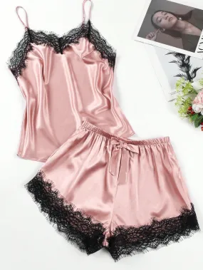 2pcs/Set Satin & Lace Patchwork Camisole And Pajama Set