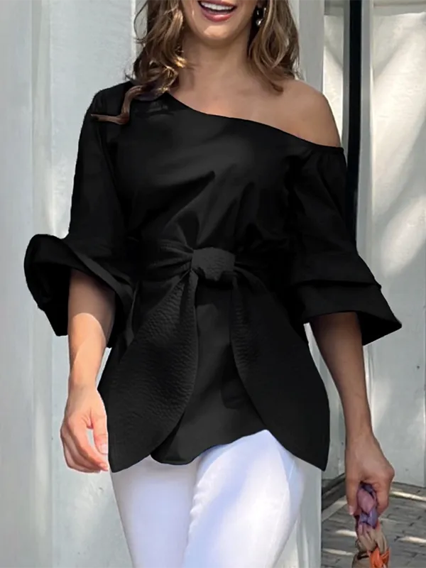 Asymmetric Knot Solid Color Flared Sleeves One-shoulder Blouses&shirts Tops