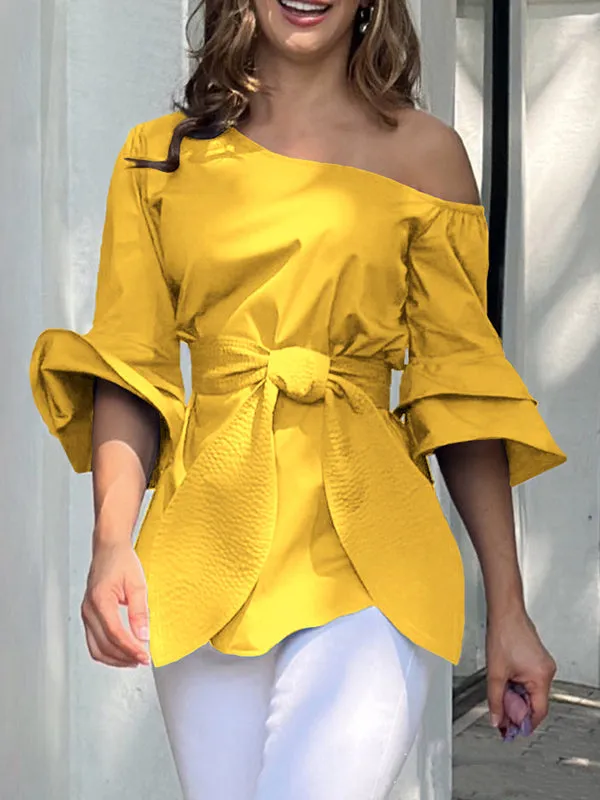 Asymmetric Knot Solid Color Flared Sleeves One-shoulder Blouses&shirts Tops