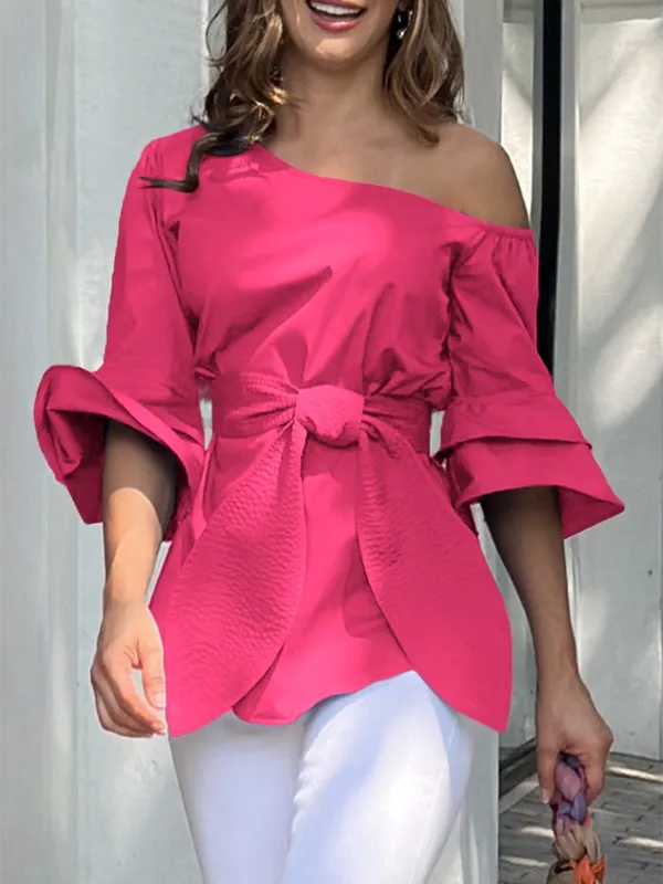 Asymmetric Knot Solid Color Flared Sleeves One-shoulder Blouses&shirts Tops