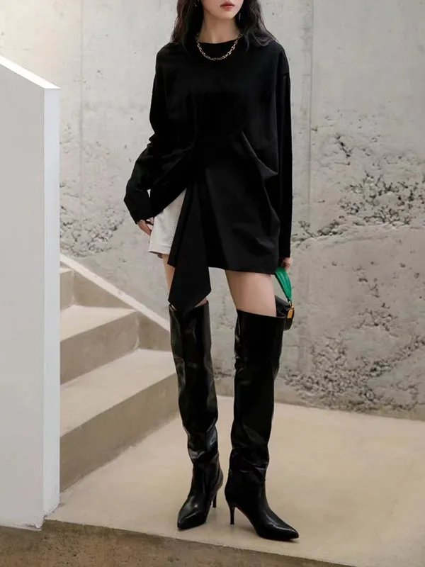 Asymmetric Solid Color Long Sleeves Loose Round-neck T-Shirts Tops