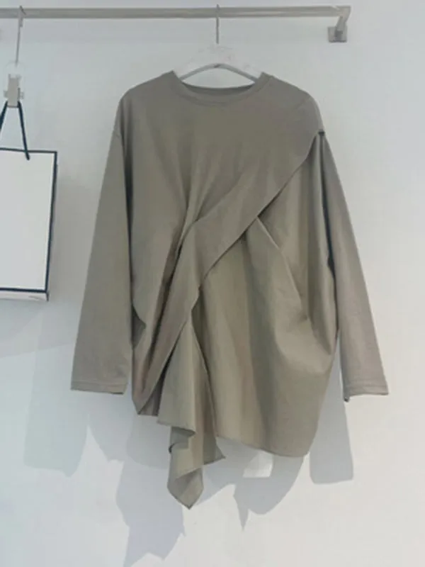 Asymmetric Solid Color Long Sleeves Loose Round-neck T-Shirts Tops