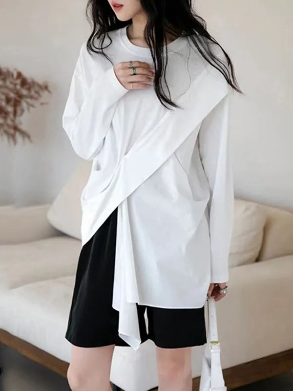 Asymmetric Solid Color Long Sleeves Loose Round-neck T-Shirts Tops