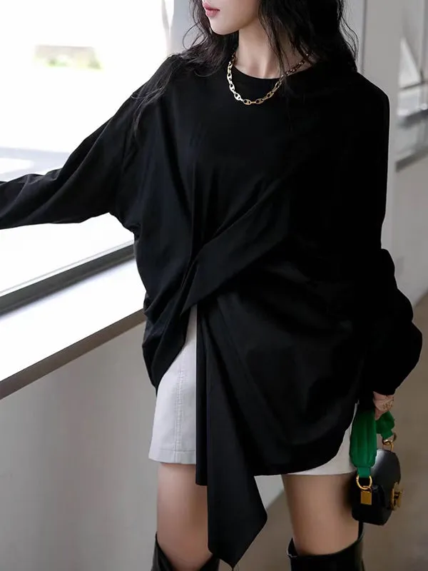 Asymmetric Solid Color Long Sleeves Loose Round-neck T-Shirts Tops