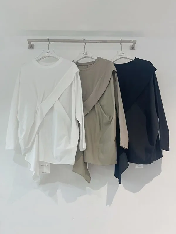 Asymmetric Solid Color Long Sleeves Loose Round-neck T-Shirts Tops