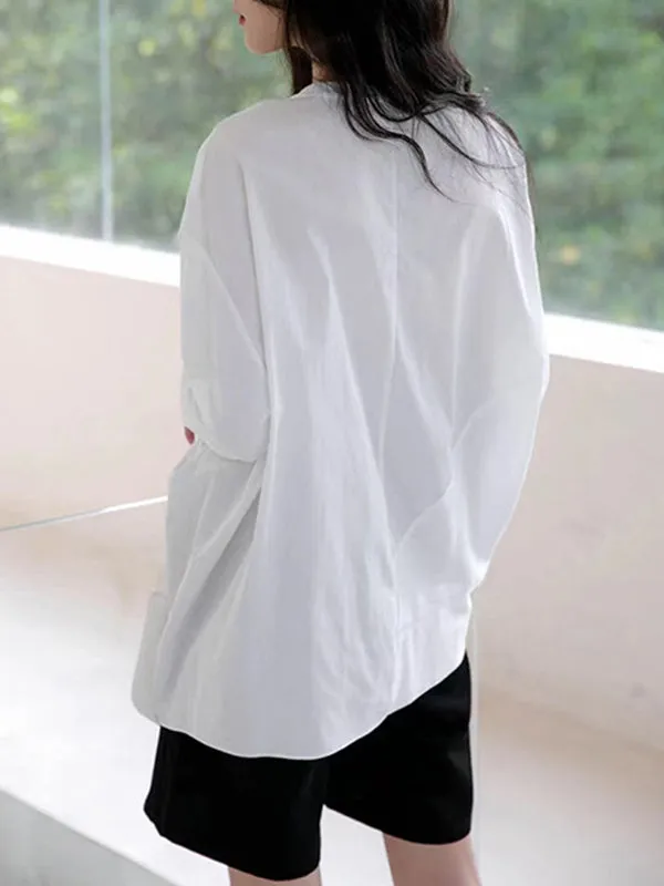 Asymmetric Solid Color Long Sleeves Loose Round-neck T-Shirts Tops