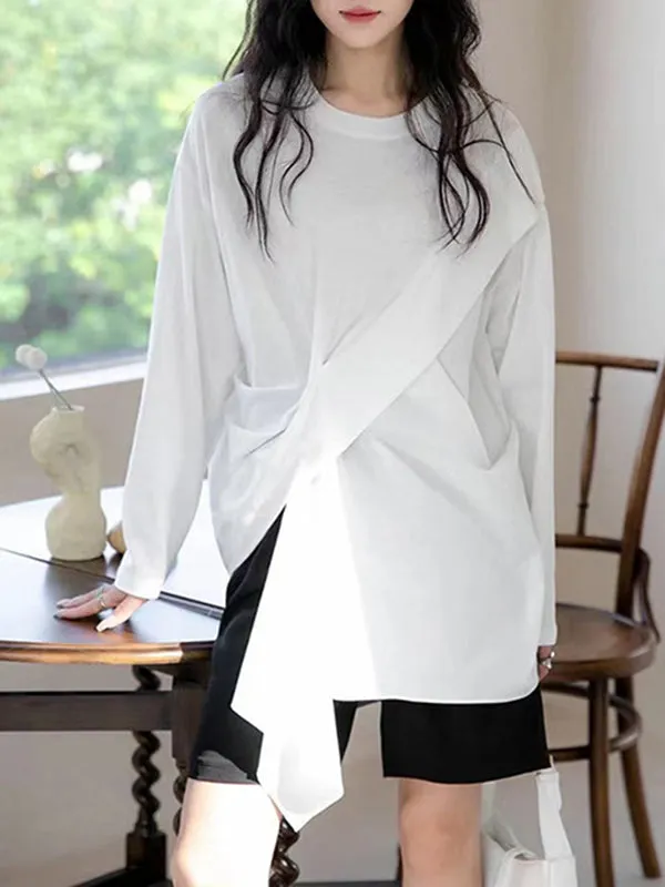 Asymmetric Solid Color Long Sleeves Loose Round-neck T-Shirts Tops