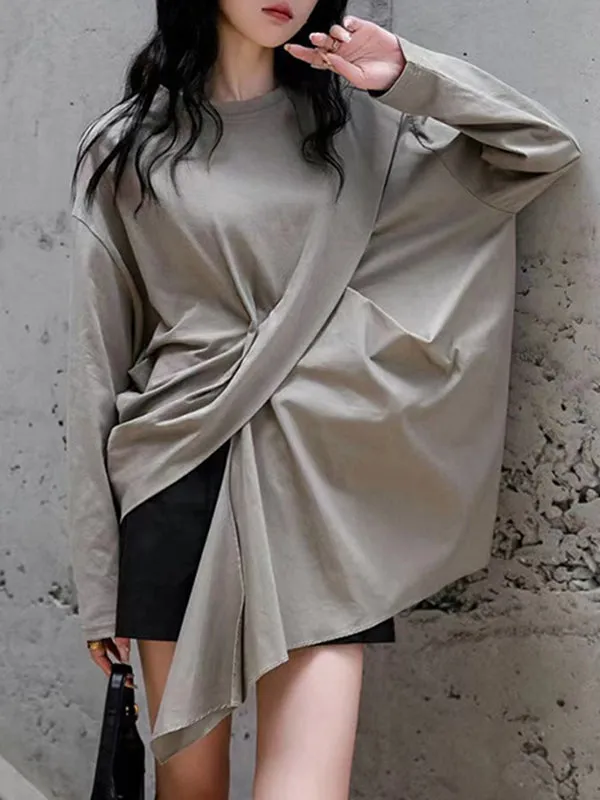 Asymmetric Solid Color Long Sleeves Loose Round-neck T-Shirts Tops