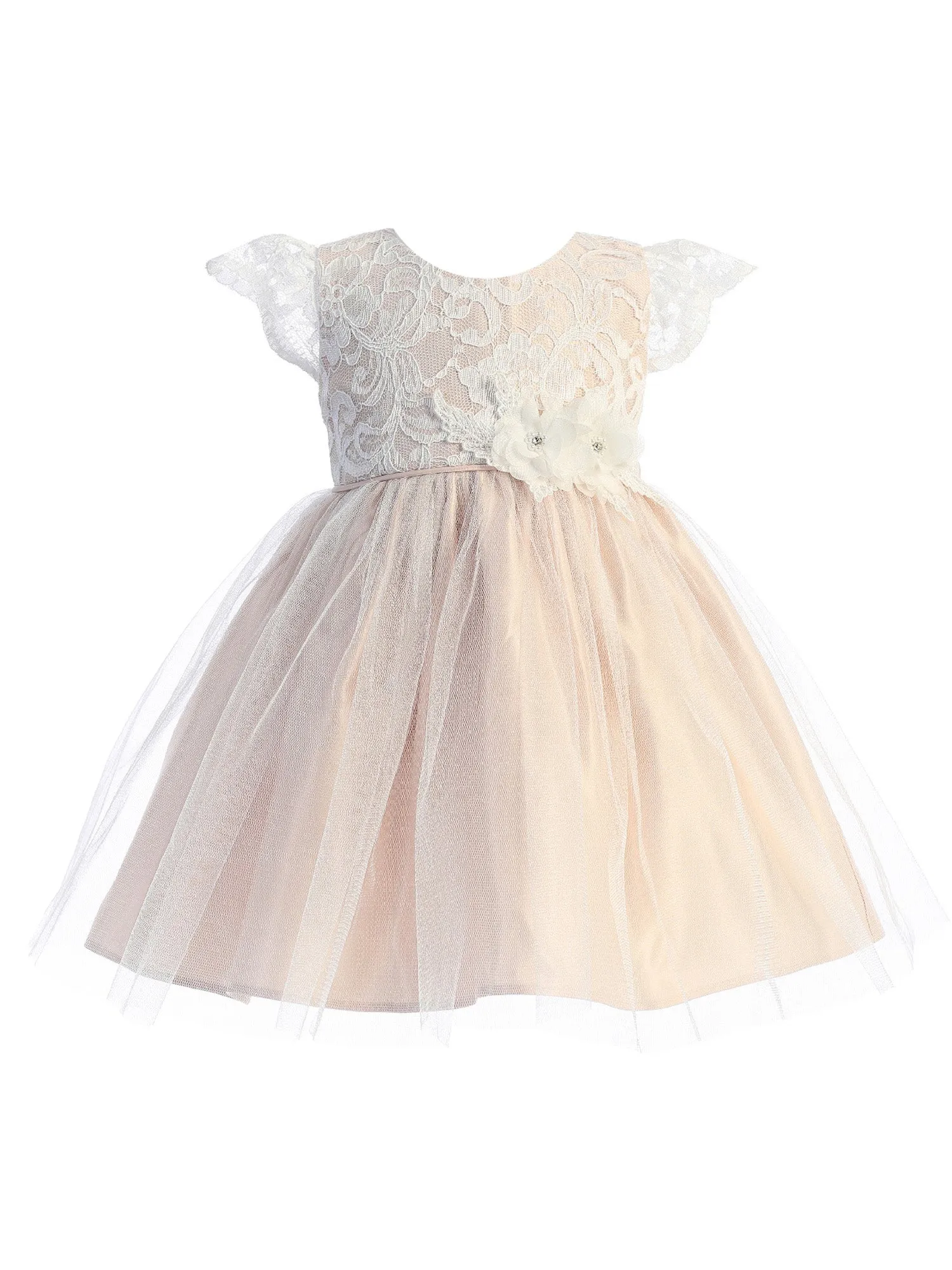 Baby Girls Blush Floral Patch Waist Lace Flower Girl Dress 6-24 Months