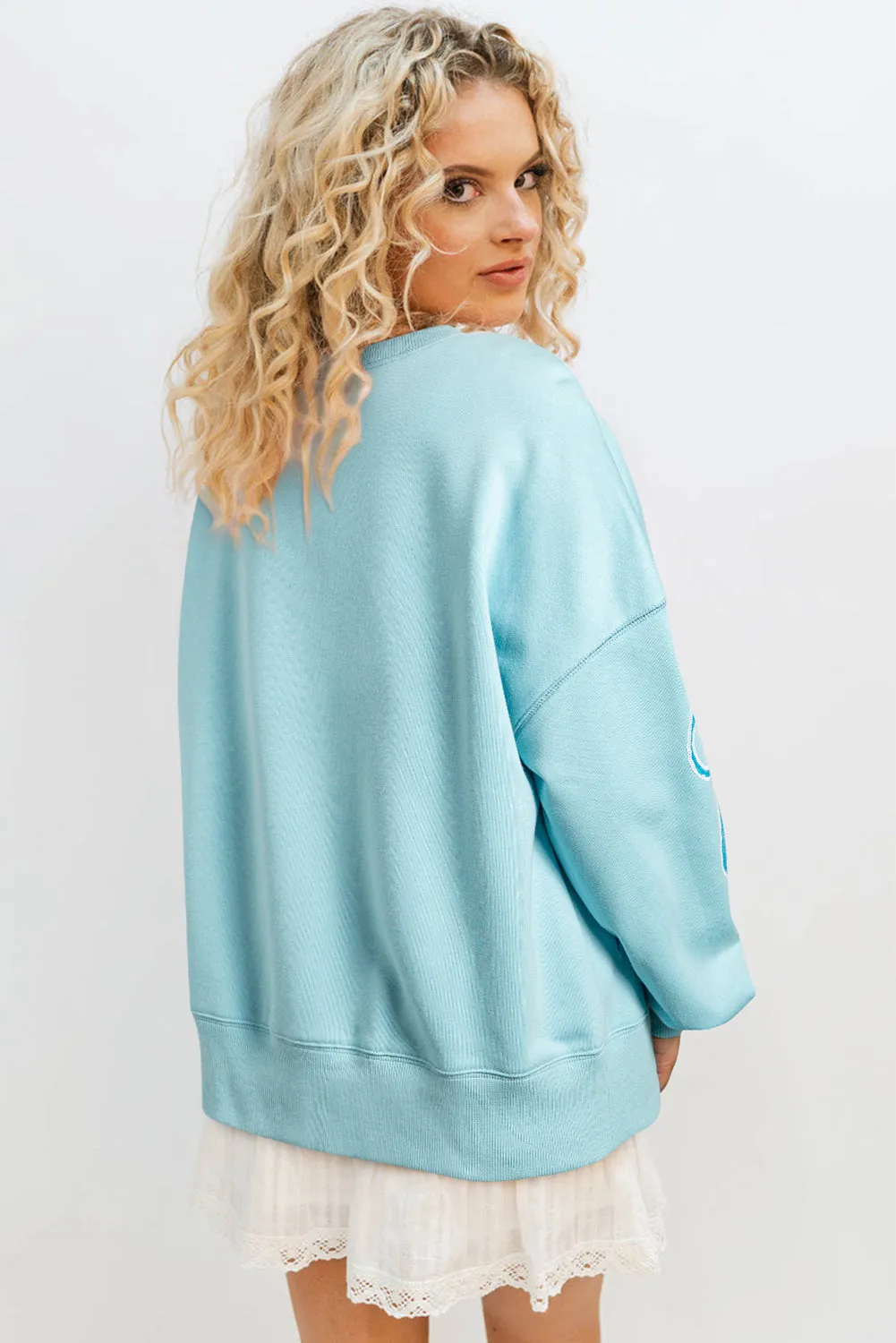 Beau Blue Sequined Bowknot Drop Shoulder Oversized Sweatshirt