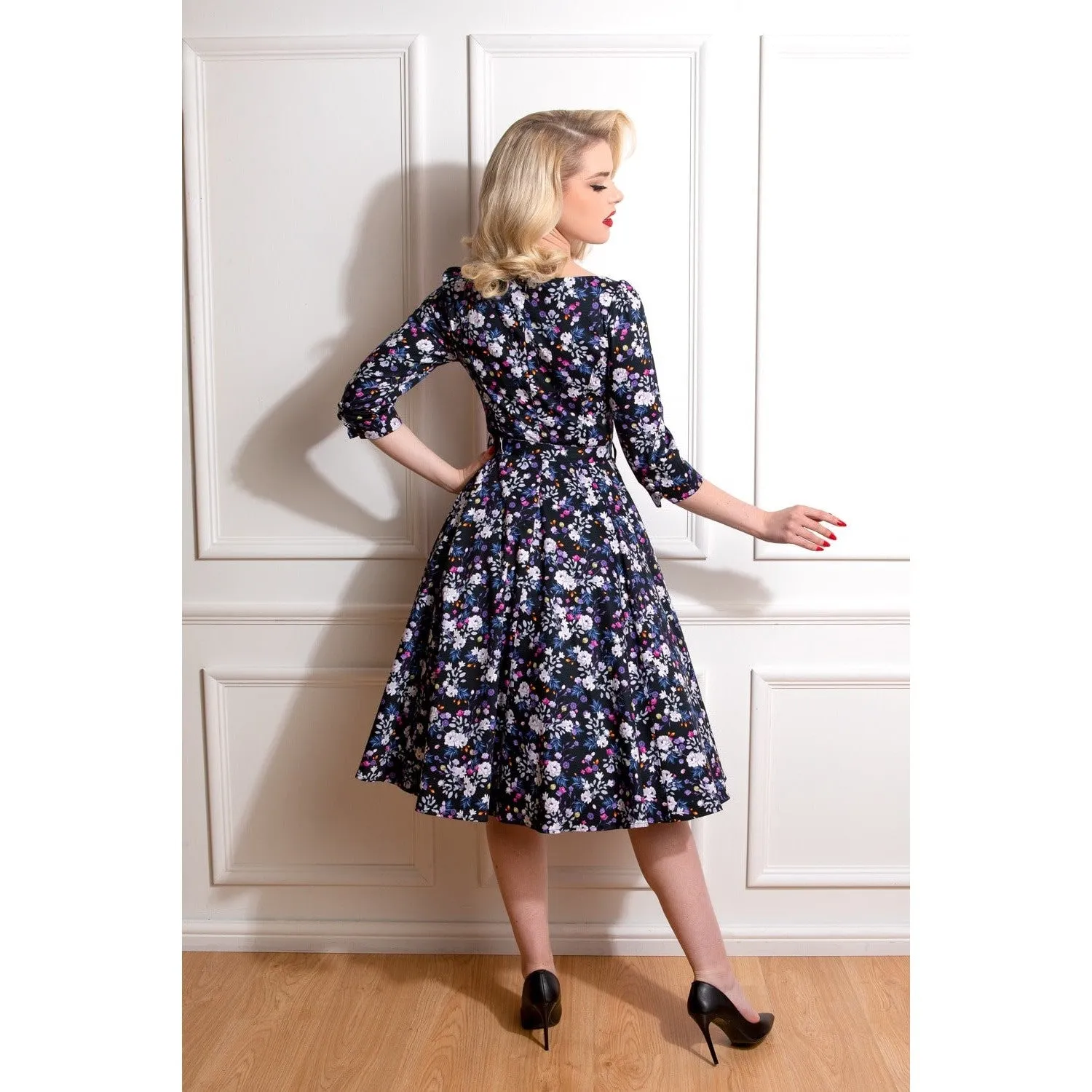 Black Multi Floral Print 3/4 Sleeve 50s Swing Dress