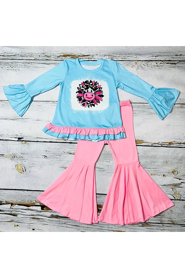 Blue & pink cow sunflower printed 2pc girls set DLH0913-15