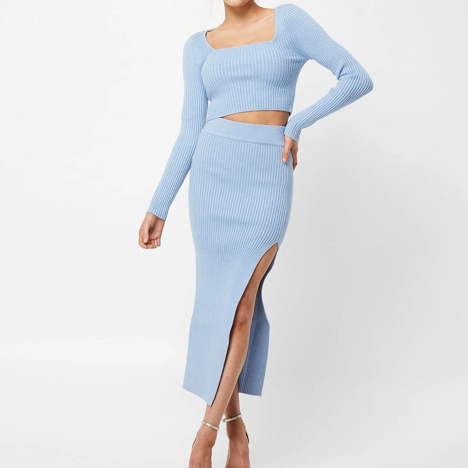 Blue Crop Tee & Split Thigh Skirt Set Scoop Neck Rib-knit Split Hem Sweater Dress