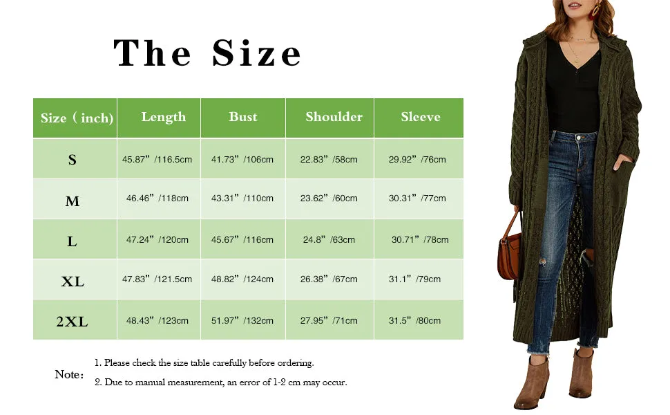 Blue Womens Casual Long Sleeve Open Cardigan Warm Hooded Outwear Coat Cable Knit Long Cardigan Sweaters with Pockets - NIUBIA