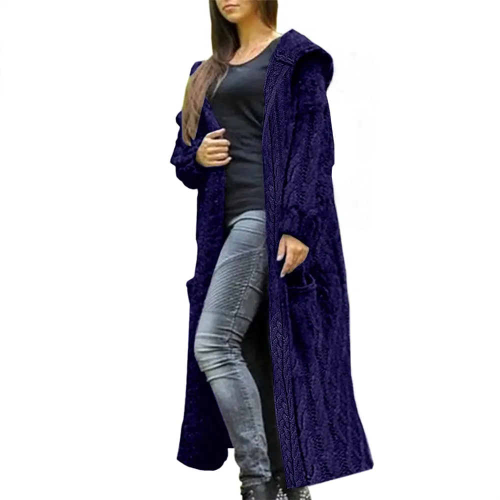 Blue Womens Casual Long Sleeve Open Cardigan Warm Hooded Outwear Coat Cable Knit Long Cardigan Sweaters with Pockets - NIUBIA