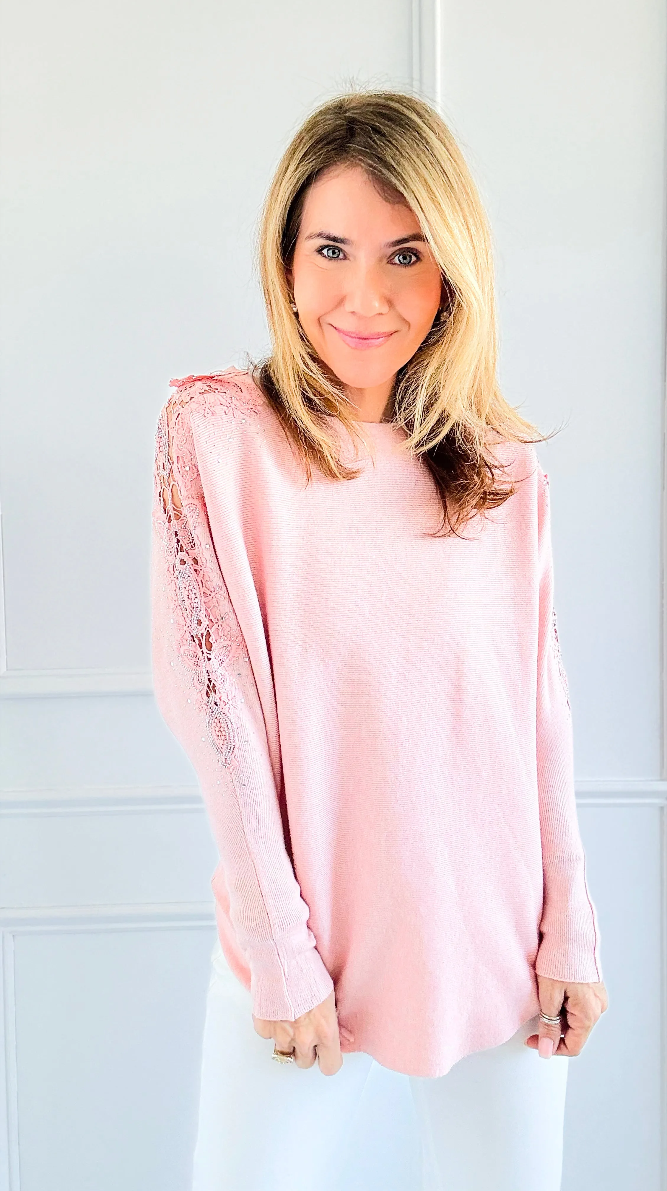 Blush Glow Lace Shoulder Top - Pink