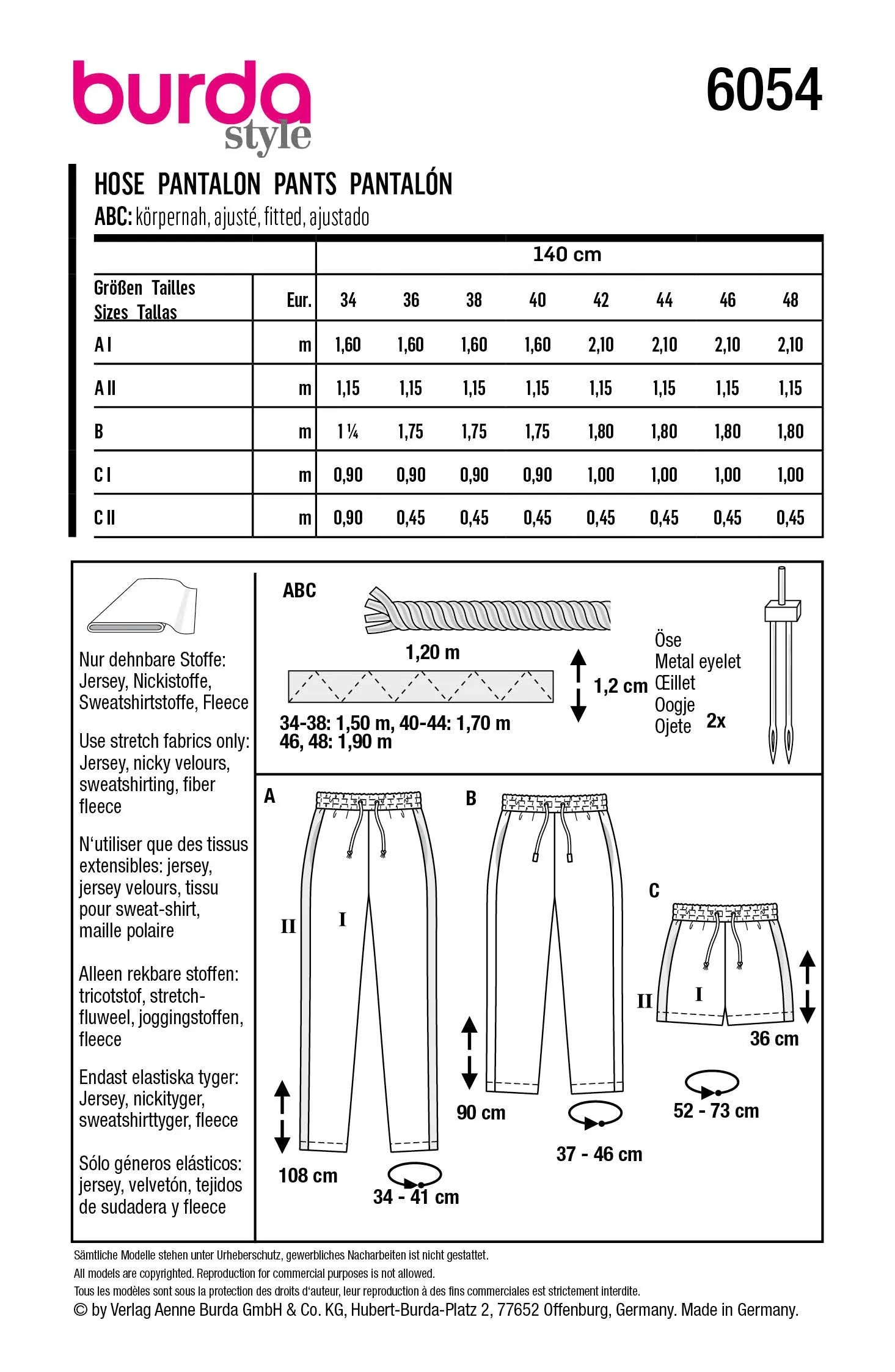 Burda Sewing Pattern 6054 Jogging Pants in Three Lengths