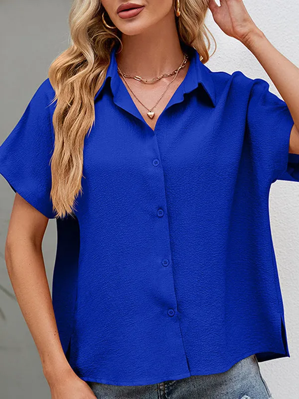 Buttoned Solid Color Split-side Loose Lapel Shirts Tops Blouses