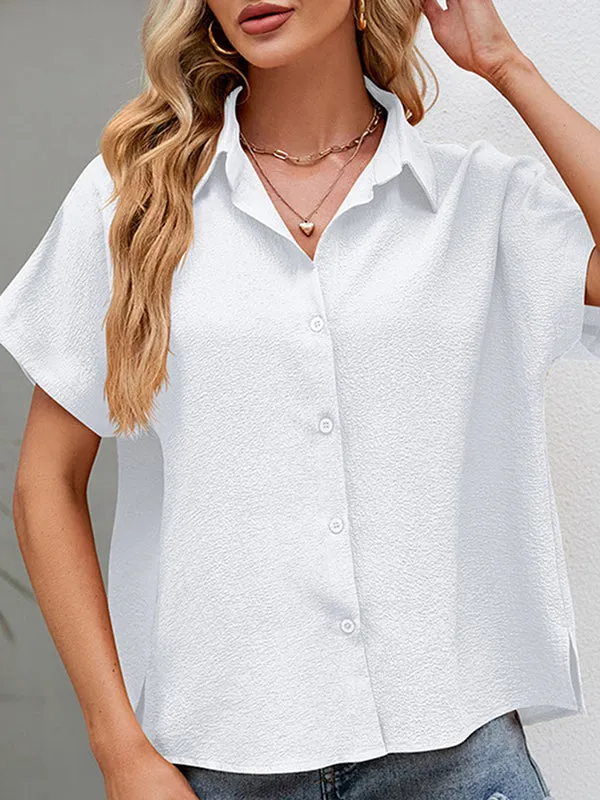 Buttoned Solid Color Split-side Loose Lapel Shirts Tops Blouses