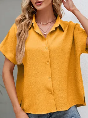 Buttoned Solid Color Split-side Loose Lapel Shirts Tops Blouses