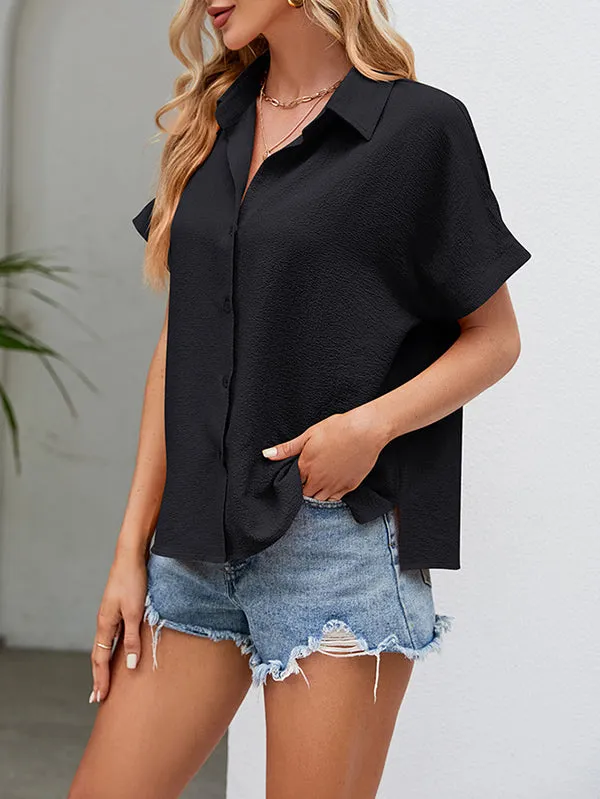 Buttoned Solid Color Split-side Loose Lapel Shirts Tops Blouses