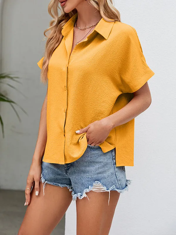 Buttoned Solid Color Split-side Loose Lapel Shirts Tops Blouses