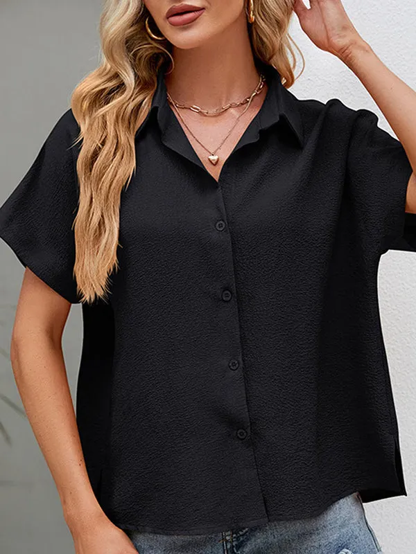 Buttoned Solid Color Split-side Loose Lapel Shirts Tops Blouses