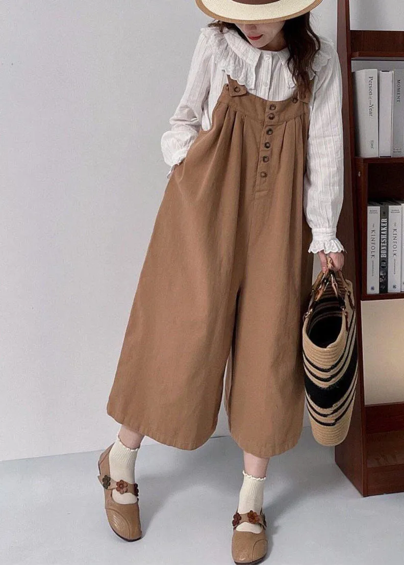 Casual Versatile Coffee Cotton Shoulder Strap Pants Summer FF026