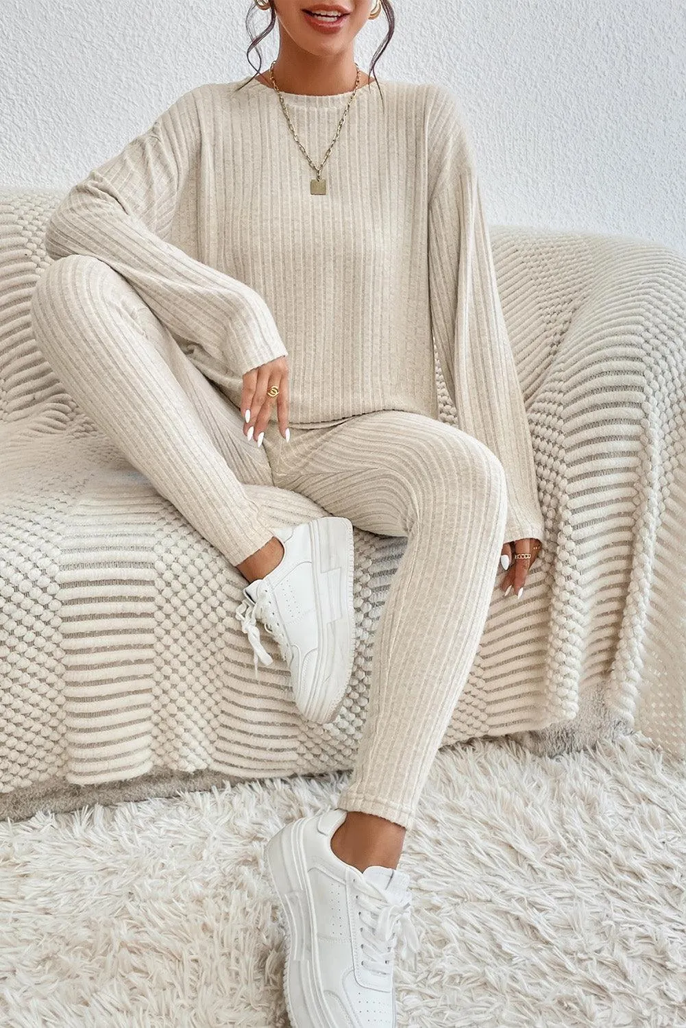 Chic Apricot Ribbed Knit Lounge Ensemble: Long Sleeve Top & Slim Fit Pants