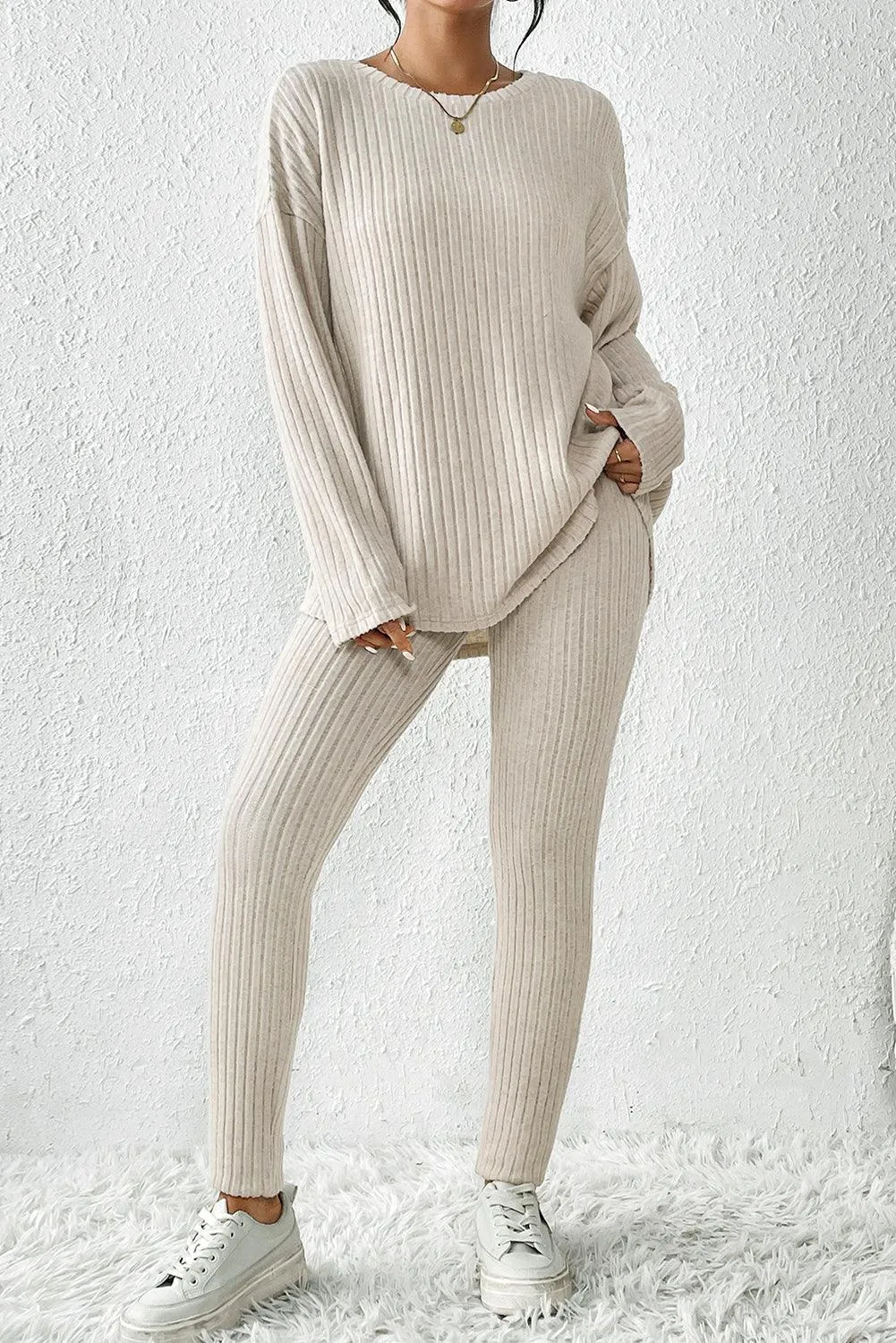 Chic Apricot Ribbed Knit Lounge Ensemble: Long Sleeve Top & Slim Fit Pants