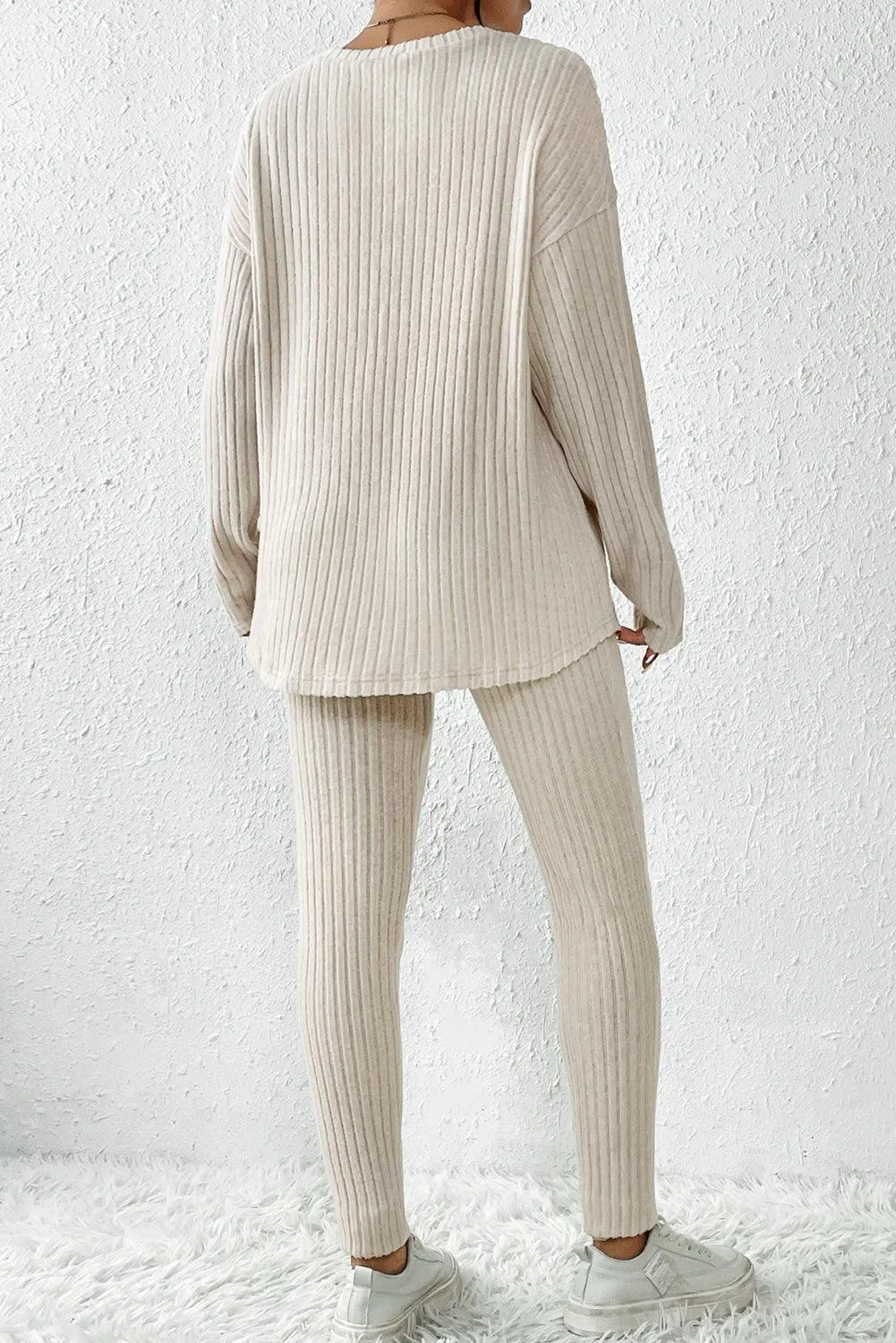 Chic Apricot Ribbed Knit Lounge Ensemble: Long Sleeve Top & Slim Fit Pants