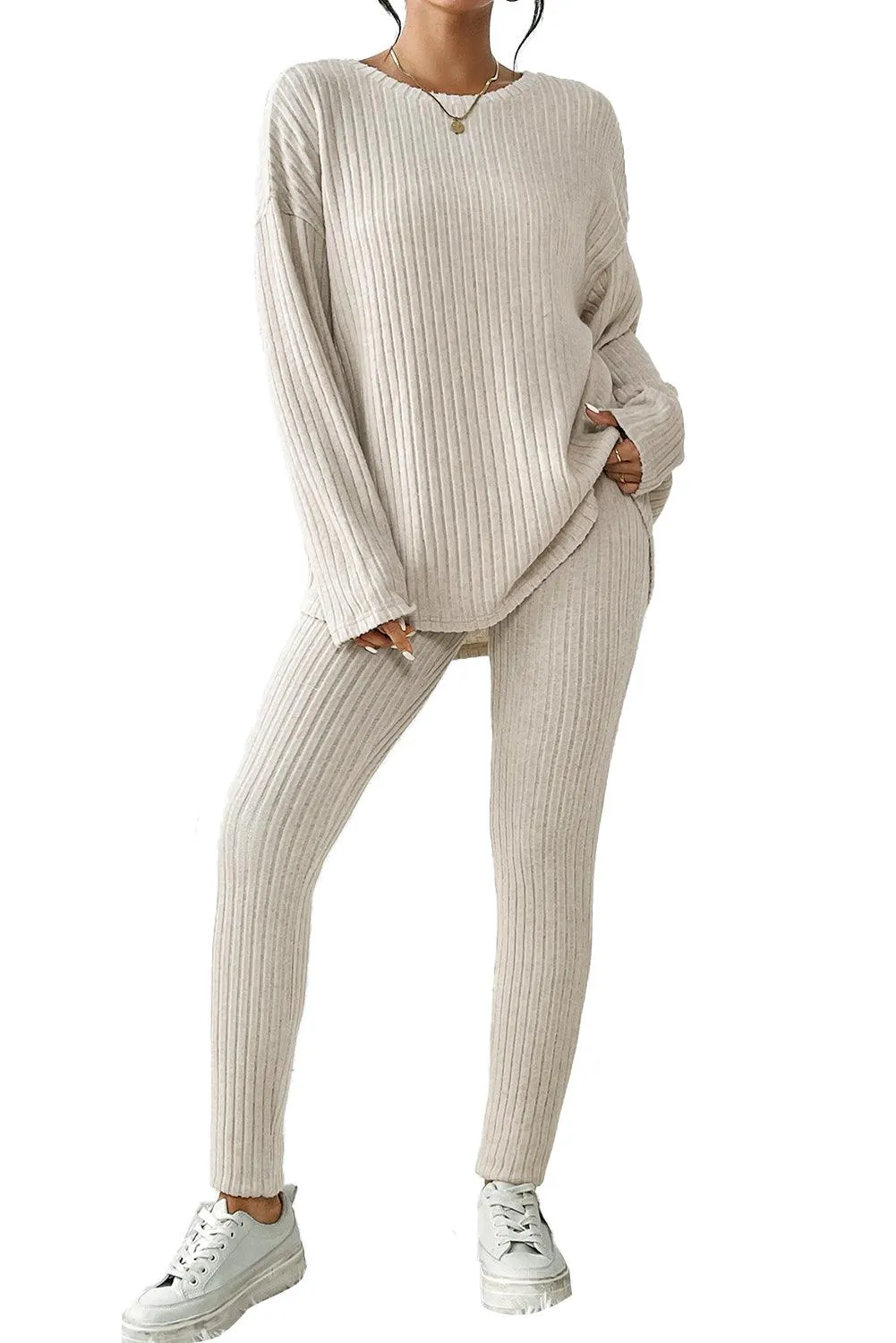 Chic Apricot Ribbed Knit Lounge Ensemble: Long Sleeve Top & Slim Fit Pants