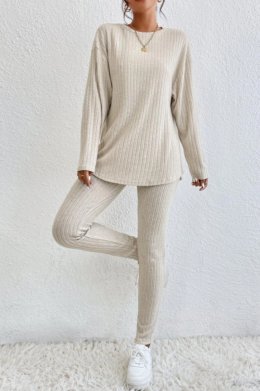 Chic Apricot Ribbed Knit Lounge Ensemble: Long Sleeve Top & Slim Fit Pants