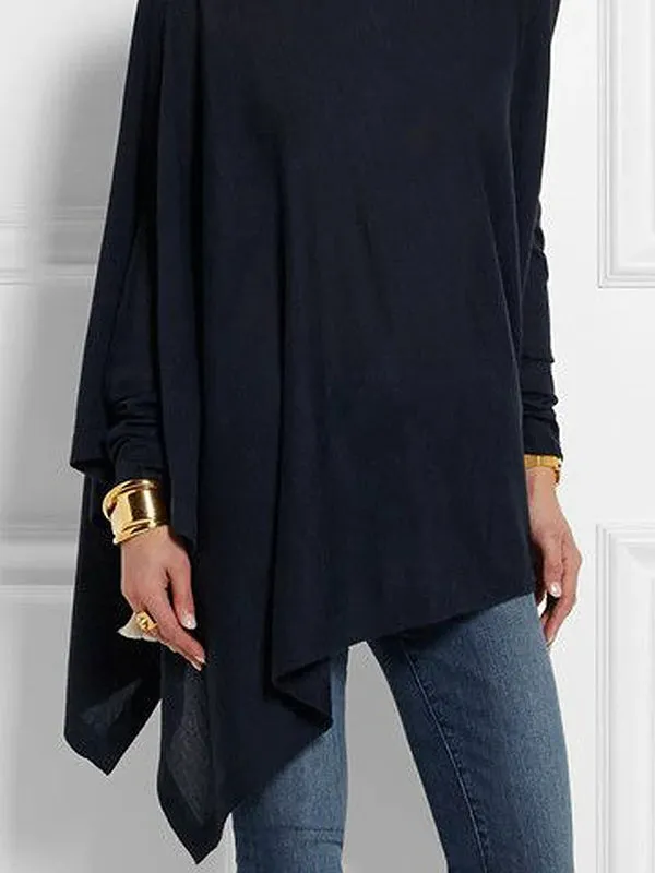 Chicmy-Casual Loose Long Sleeves Asymmetric Solid Color High-Neck T-Shirts Tops