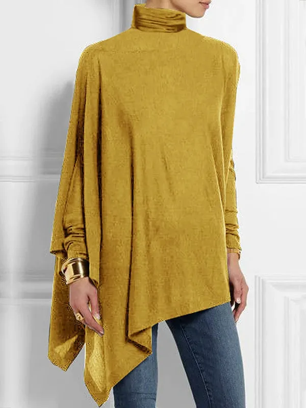 Chicmy-Casual Loose Long Sleeves Asymmetric Solid Color High-Neck T-Shirts Tops