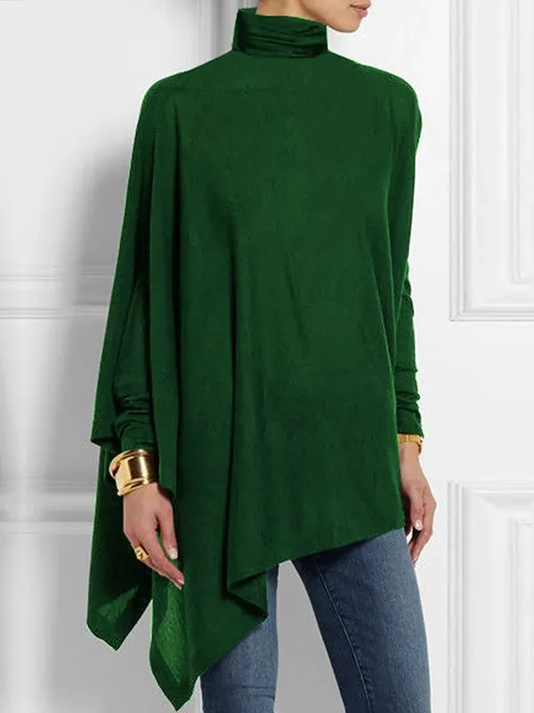 Chicmy-Casual Loose Long Sleeves Asymmetric Solid Color High-Neck T-Shirts Tops