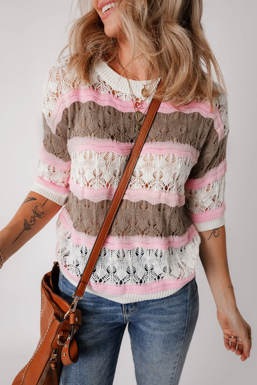 Color Block Hollow Out Crochet Sweater