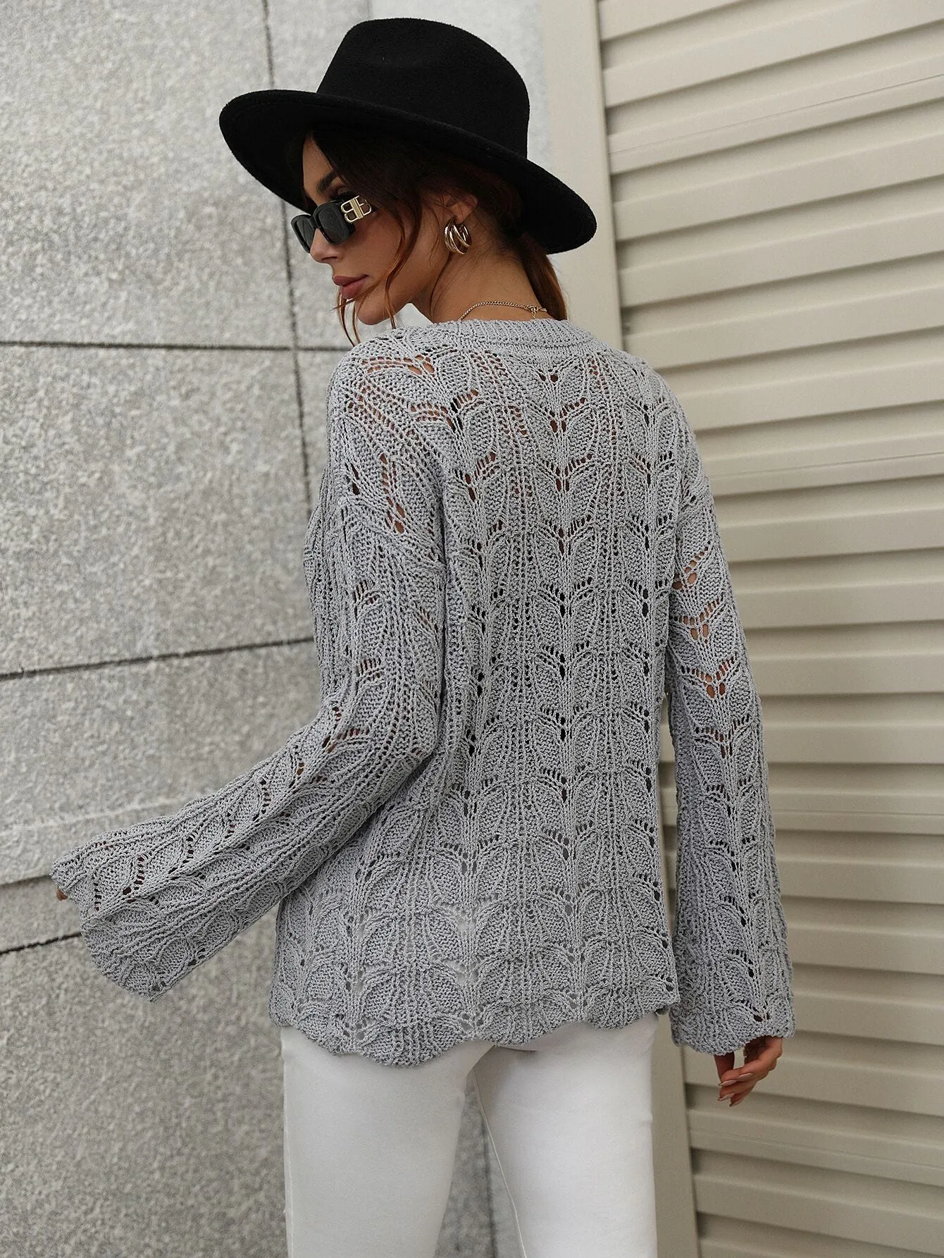 Crocheted Hollow Pullover Round Neck Loose Sweater