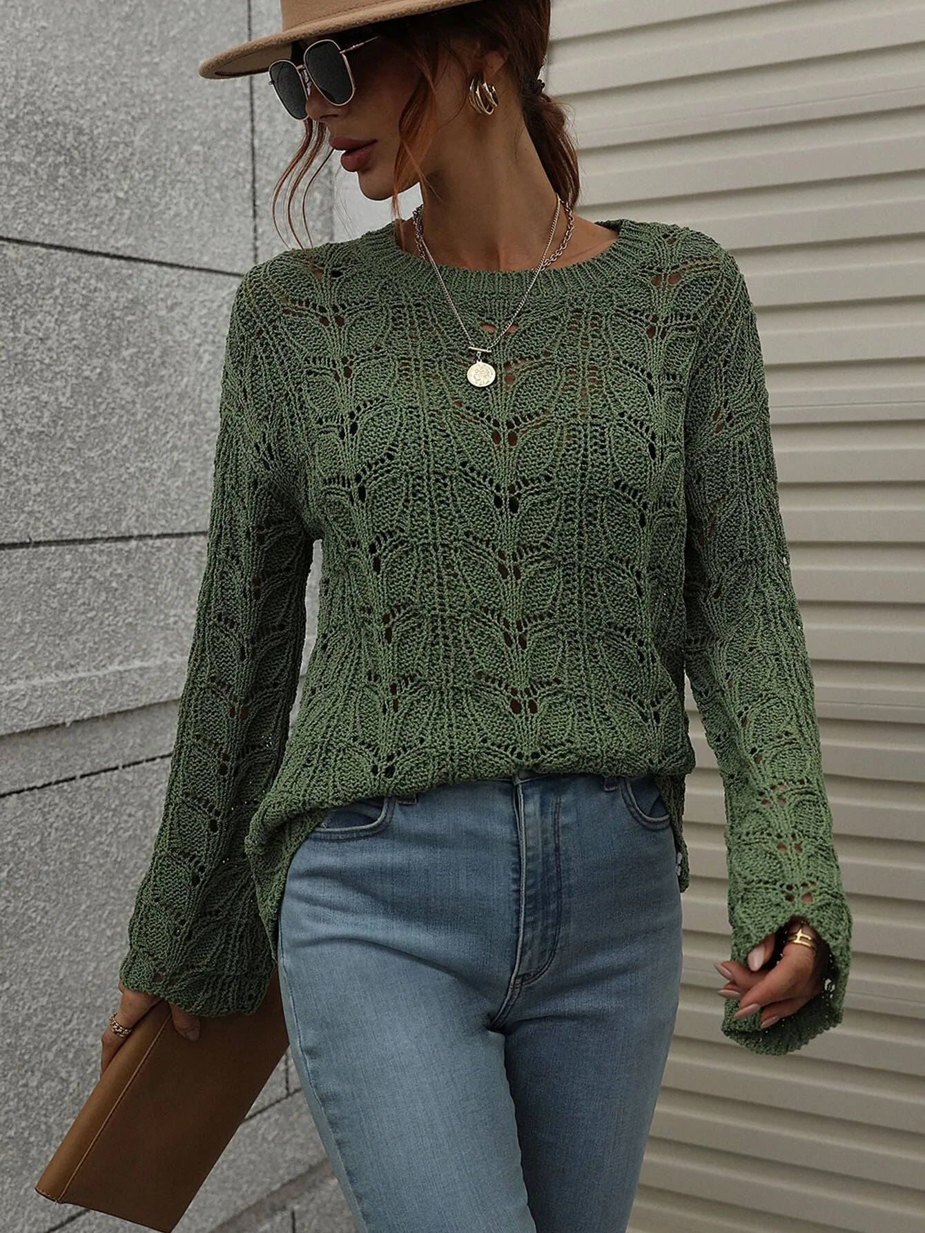 Crocheted Hollow Pullover Round Neck Loose Sweater