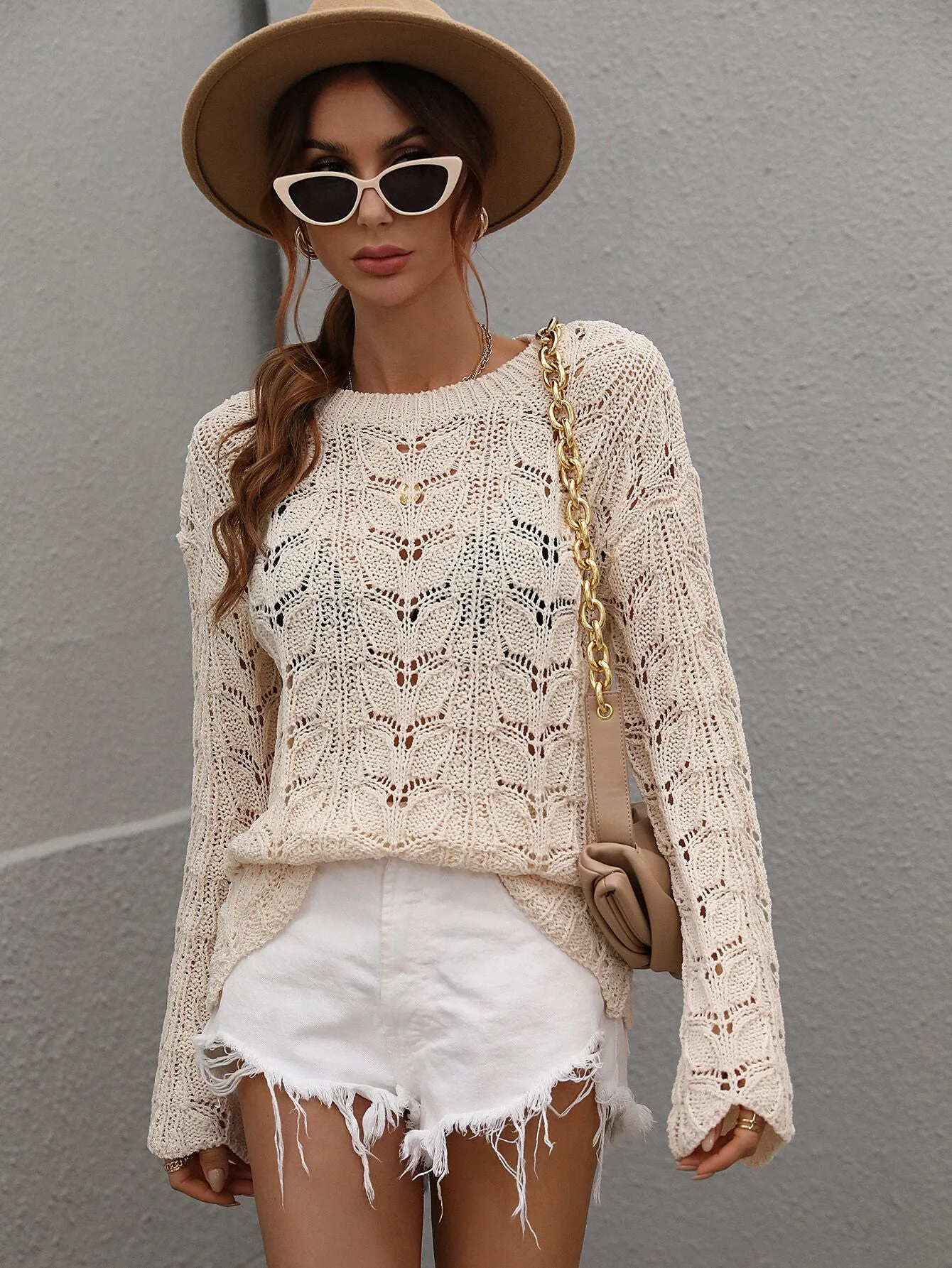 Crocheted Hollow Pullover Round Neck Loose Sweater