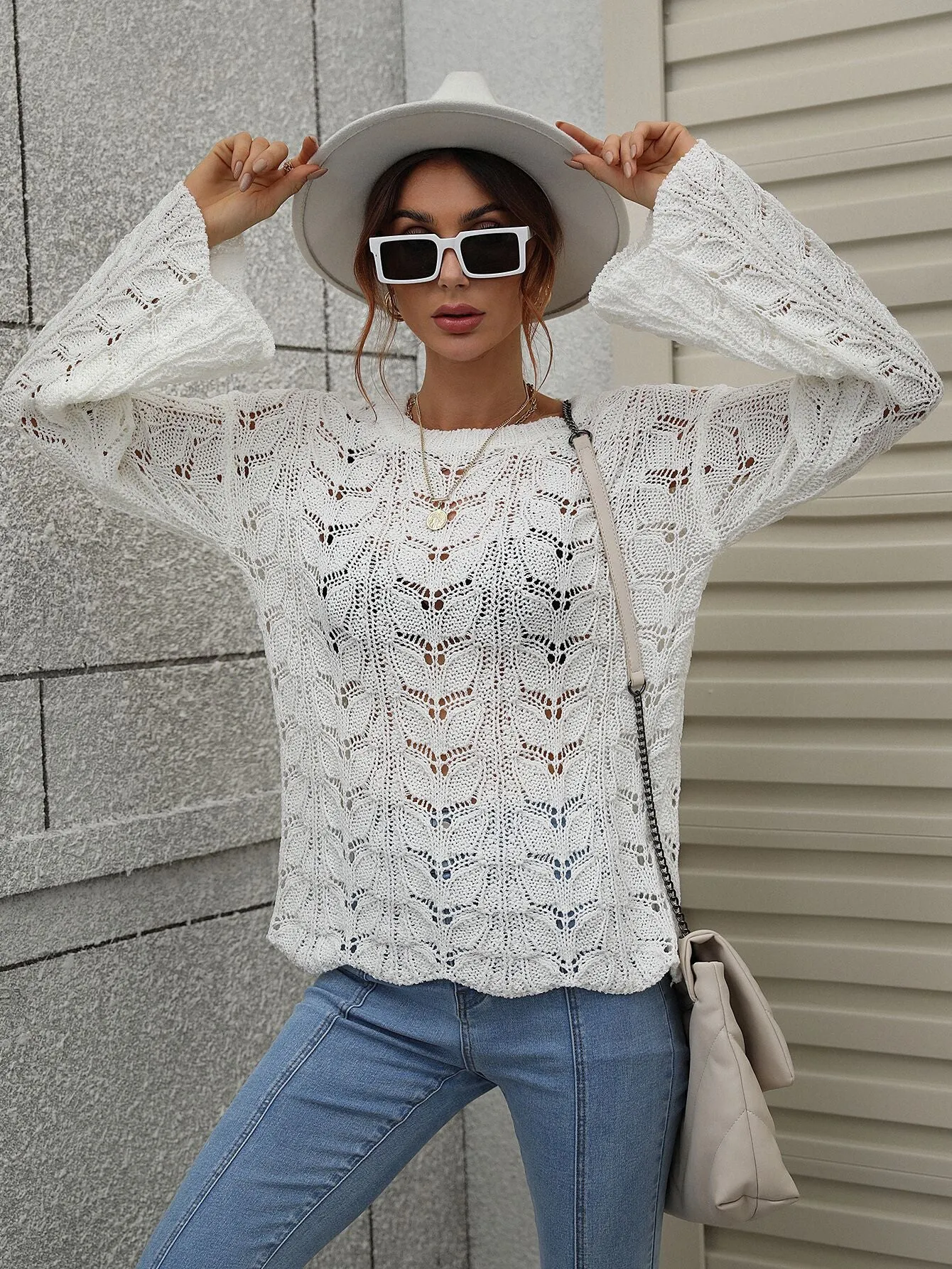 Crocheted Hollow Pullover Round Neck Loose Sweater