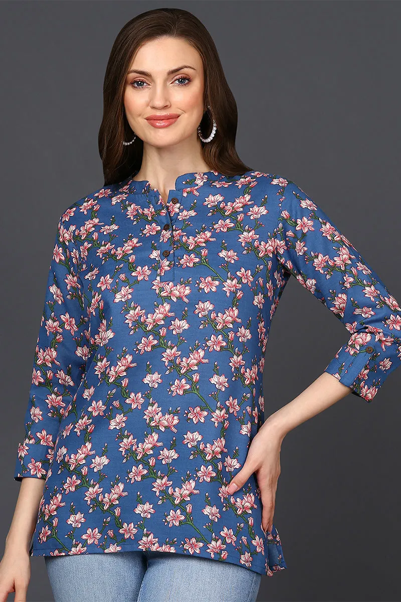 Dark Blue Cotton Blend Floral Printed Tunic Top