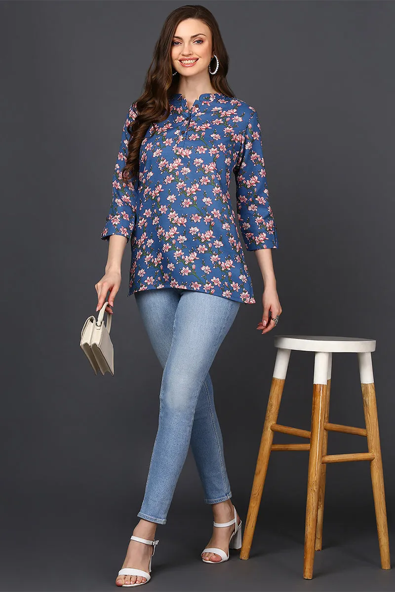 Dark Blue Cotton Blend Floral Printed Tunic Top