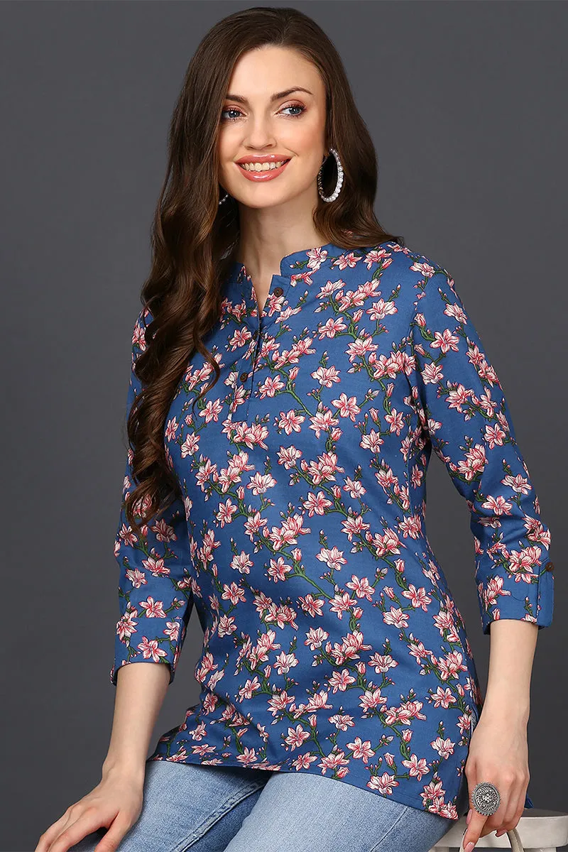 Dark Blue Cotton Blend Floral Printed Tunic Top