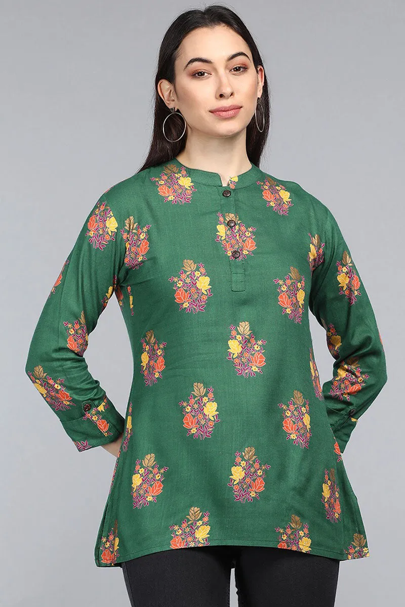 Dark Green Cotton Floral Printed Mandarin Tunic Top