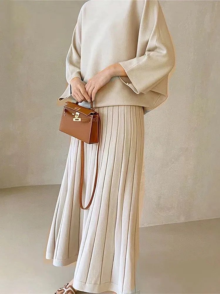 Elegant Loose Knitted Shirt&High Waist Pleated Skirt Suit Set