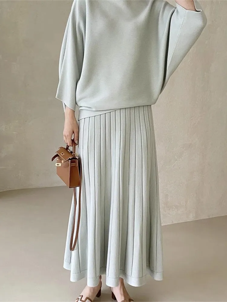 Elegant Loose Knitted Shirt&High Waist Pleated Skirt Suit Set