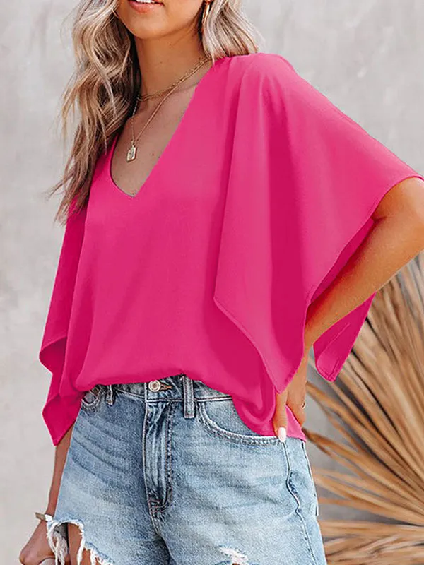 Flared Sleeves Falbala Solid Color V-Neck T-Shirts Tops